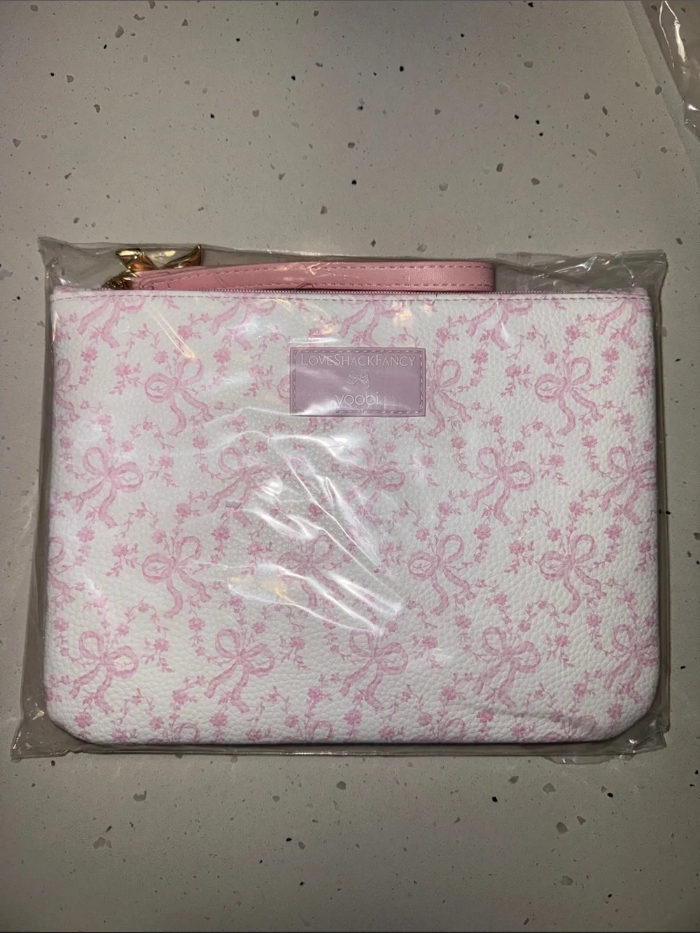 LoveShackFancy x yoobi Pink Bow-Print Accessory Pouch with Gold Accent